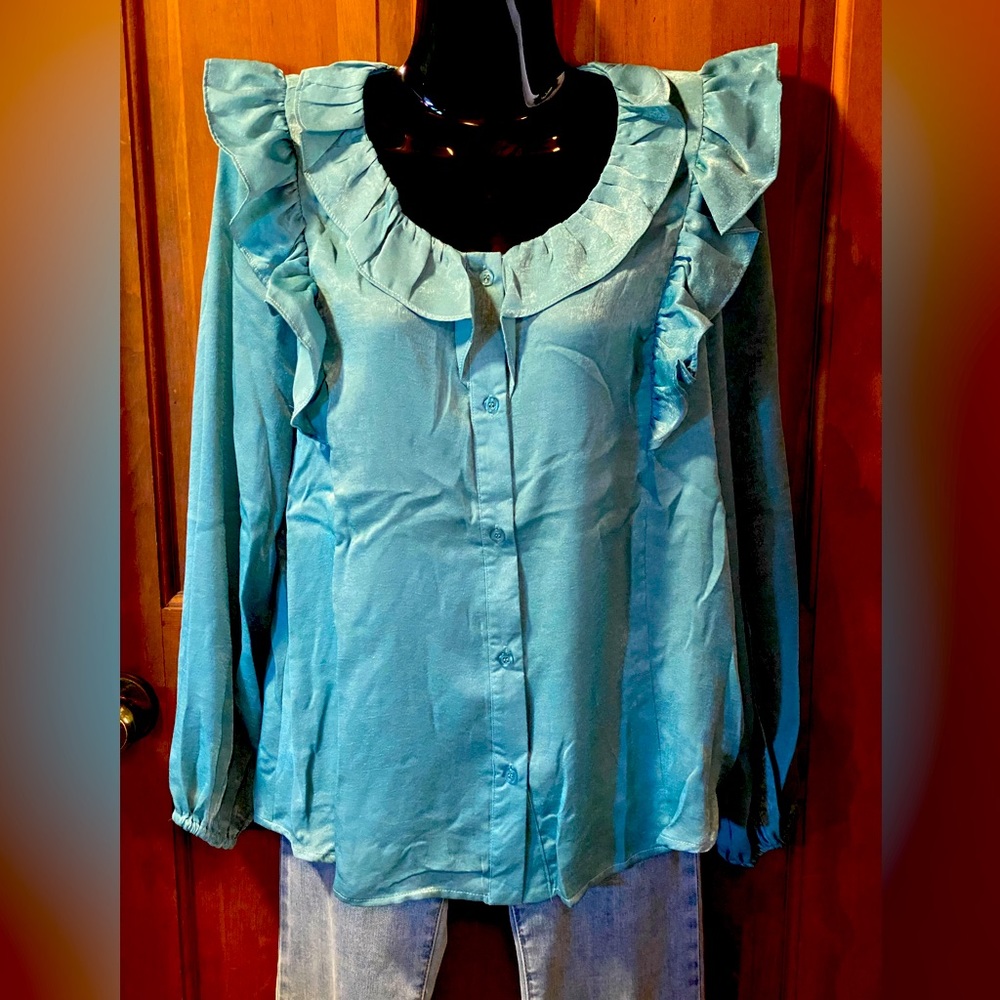 UMGEE Matte Long Sleeve Button Front Ruffle Charmeuse Top- Lagoon Blue